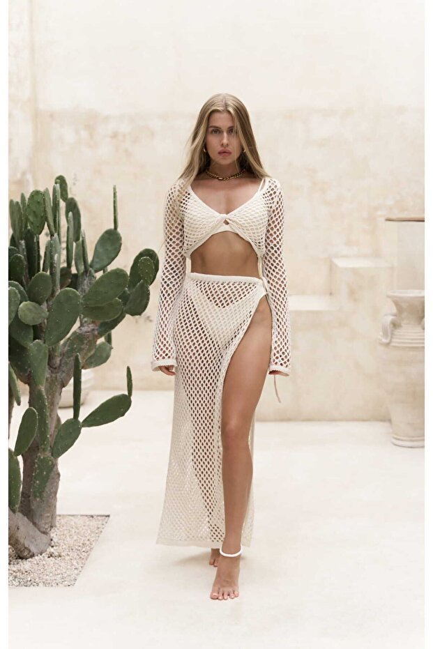 Rubina Beige Knitwear Crop-Skirt Set
