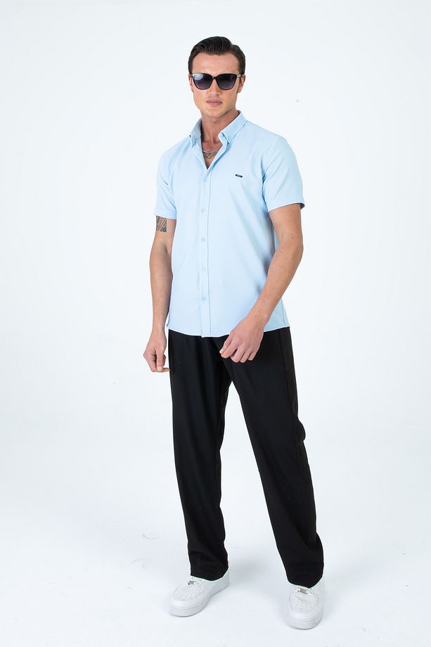 Erkek Slim Fit Dar Kesim Kısa Kollu Nefes Alan Örme Doku Yazlık Erkek Gömlek - 2