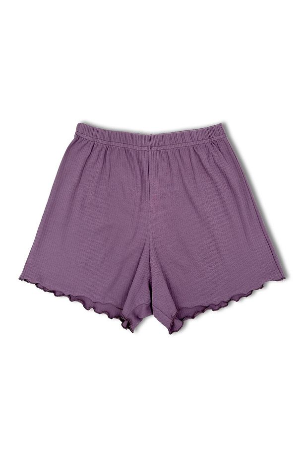 Eflatun Pamuklu Fitilli Kısa Kollu Tişört ve Şort Kadın Pijama Takımı - 5