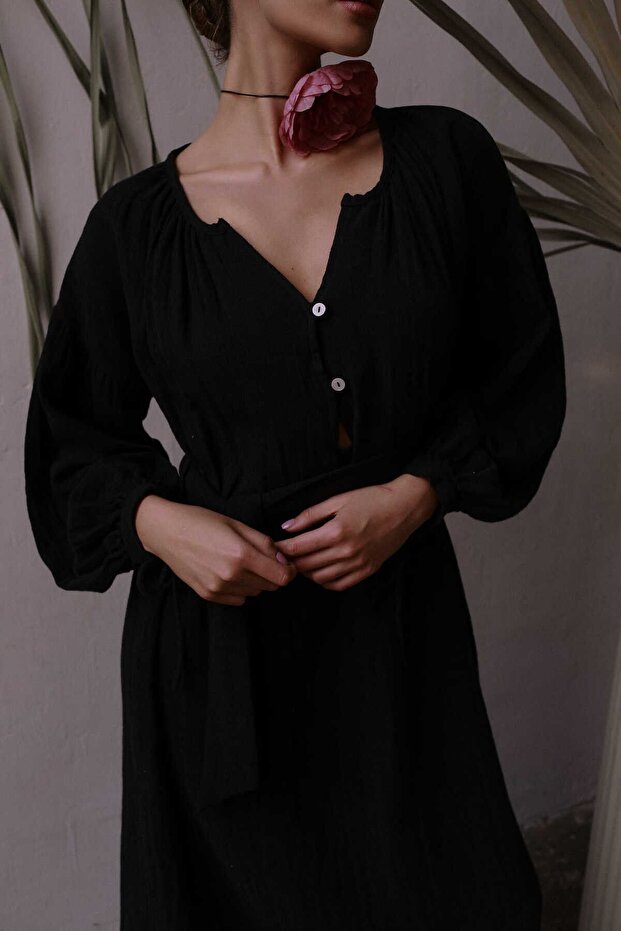 Helen Siyah Müslin Elbise - 5