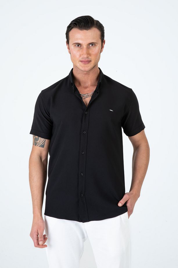 Erkek Slim Fit Dar Kesim Kısa Kollu Nefes Alan Örme Doku Yazlık Erkek Gömlek - 1