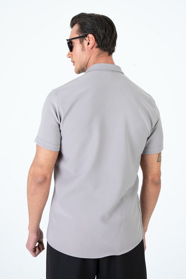 Erkek Slim Fit Dar Kesim Kısa Kollu Nefes Alan Örme Doku Yazlık Erkek Gömlek - 5