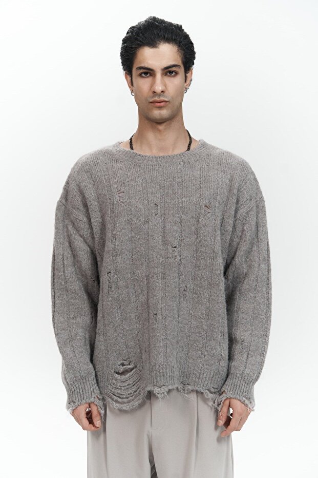 Vincent Yırtık Detay Boz Kahve Erkek Triko Kazak - 2