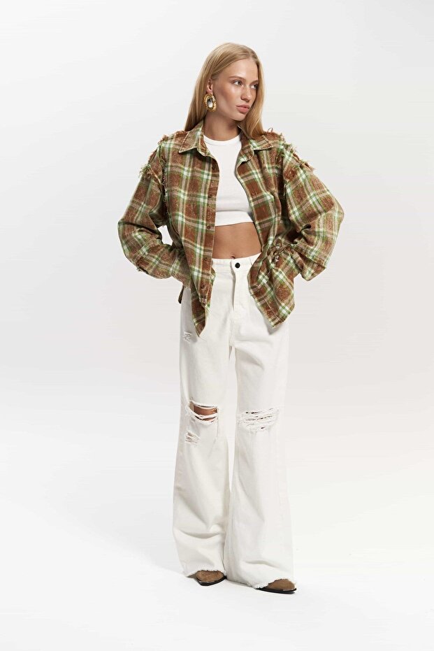Loma Washed Oversize Unisex Plaid Brown Shirt