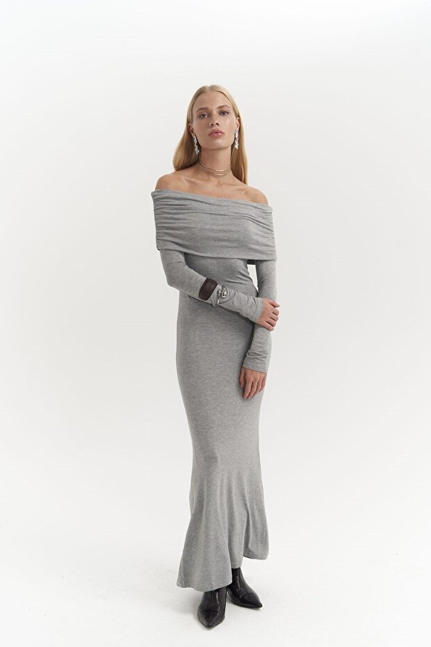 Rochie lungă gri cu guler Afro Carmen - 6