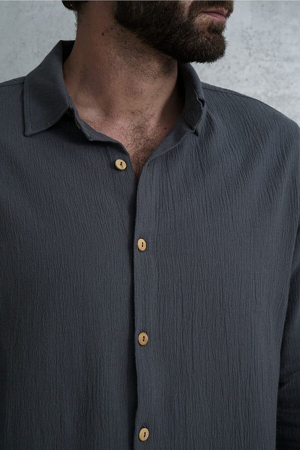 Wesley Erkek Oversize Krinkıl Antrasit Gömlek - 5