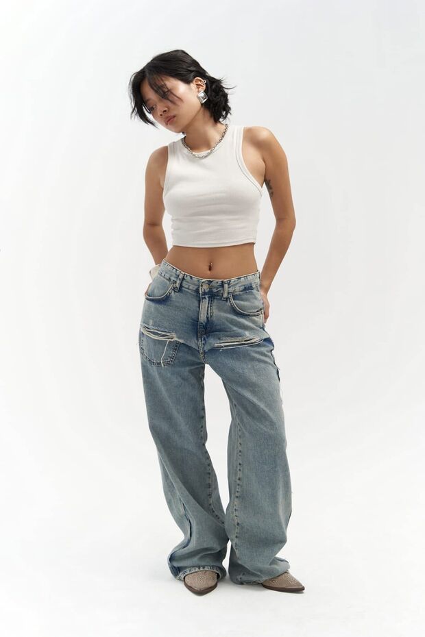 Kellen Ice Blue Ripped Detail Jean Trousers