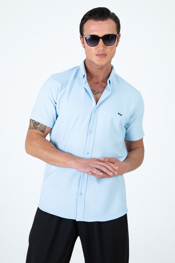 Erkek Slim Fit Dar Kesim Kısa Kollu Nefes Alan Örme Doku Yazlık Erkek Gömlek - 7