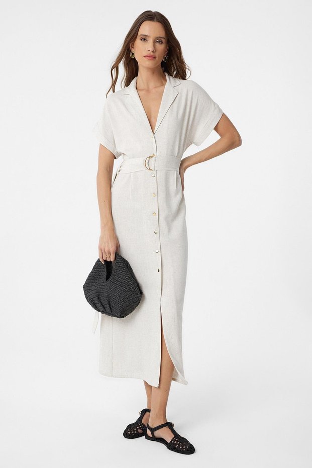 Ecru Linen Blended Women's Dress with Belt