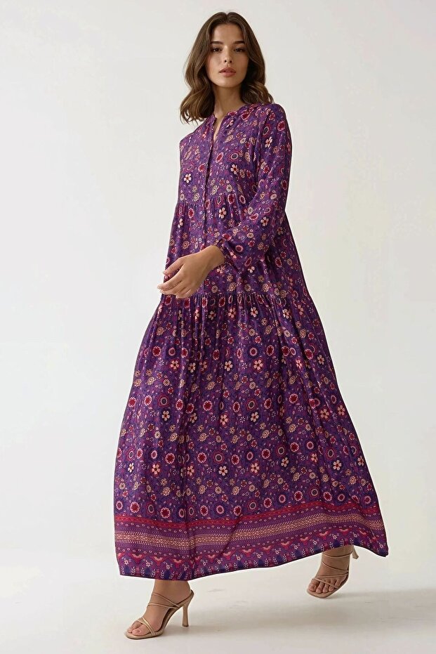 Düğmeli Baskılı V Yaka Modest Elbise - 4