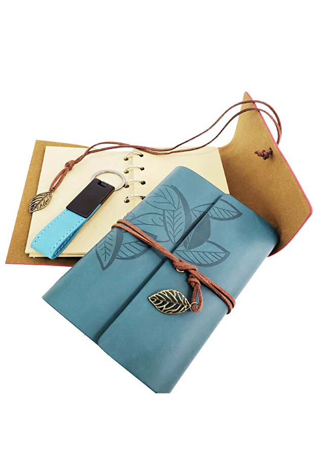 Blue Leather Notebook and Keychain Set with Custom Wooden Box - 2