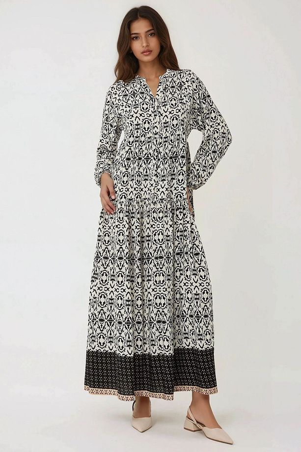 Gömlek Yaka Desenli Modest Elbise - 3