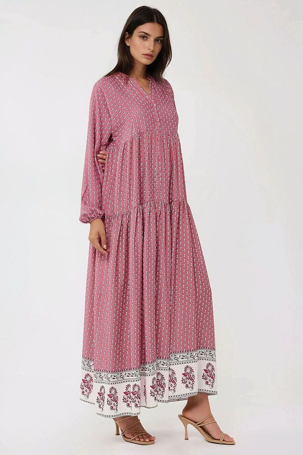 Desenli V Yaka Modest Elbise - 3