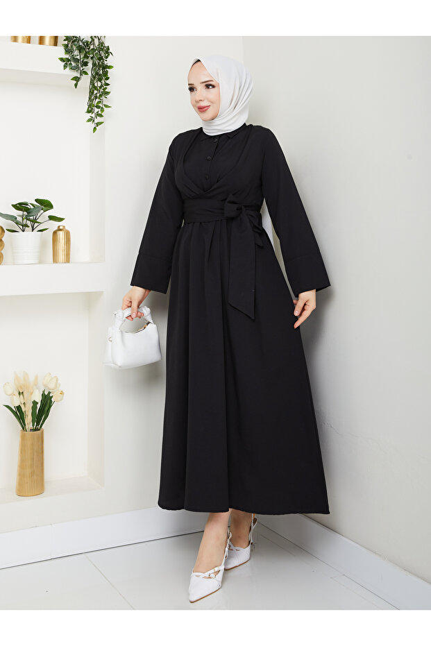 Women's Standard Collar Buttoned Fixed Belted Loose Sleeve Hijab Dress