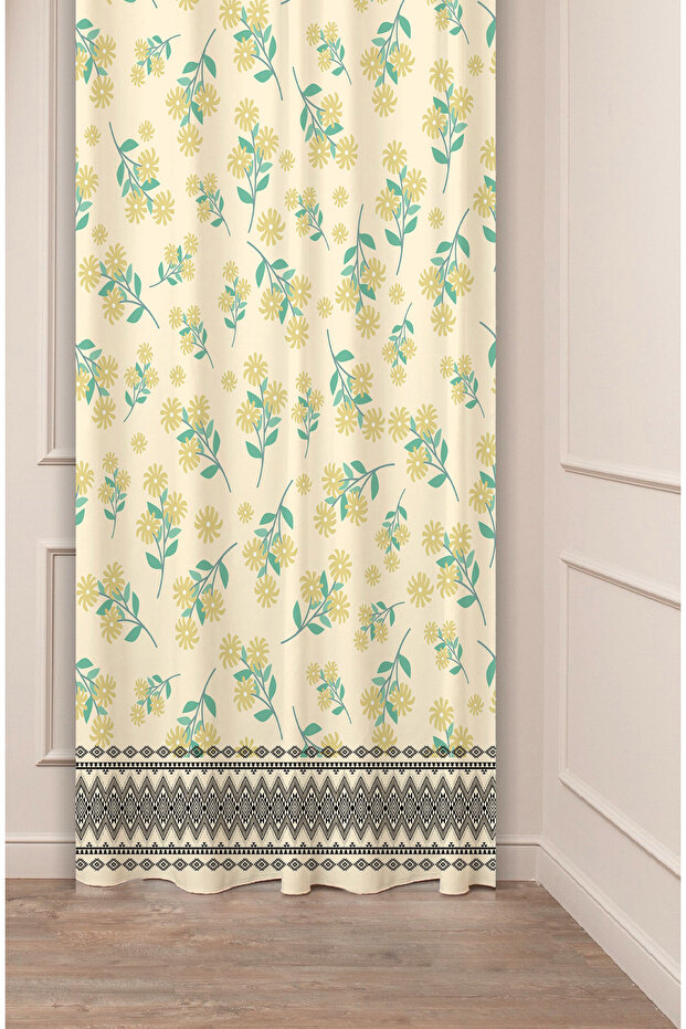 Flowers Leaf Square Geometric Lines Patterned Custom Design Digital Printed (Single Wing) Background Curtain