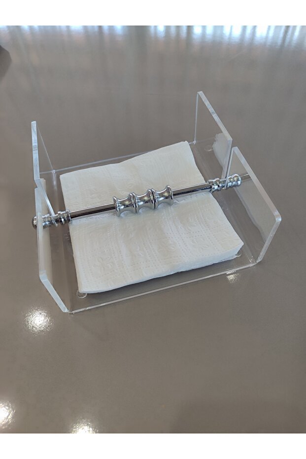Transparent Plexi Serving Napkin Holder with Silver Brass Plated Accessories