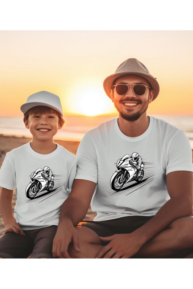 Father and Son Combination T-Shirt with Motor and Biker Print (Single Product, Add 2 Pieces to the Cart for the Combination)
