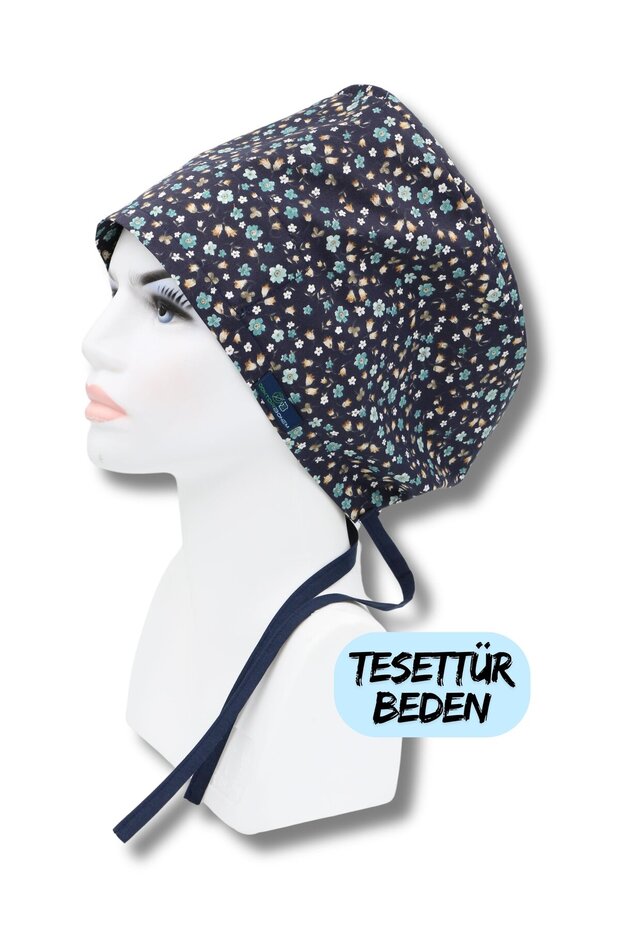 Hijab Size Navy Blue Crispy Flowers Bonnet Doctor Nurse Health Worker Hospital Bonnet
