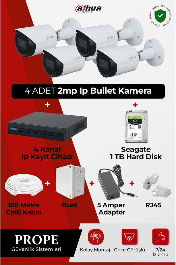 4 ADET 2MP IP KAMERA BULLET GECE GÖRÜŞLÜ+4 KANAL IP KAYIT CİHAZI+1TB HARD DİSK - 1