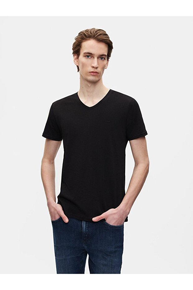 V Yaka Basıc Slım Kısa Kollu Siyah T-shırt - 2