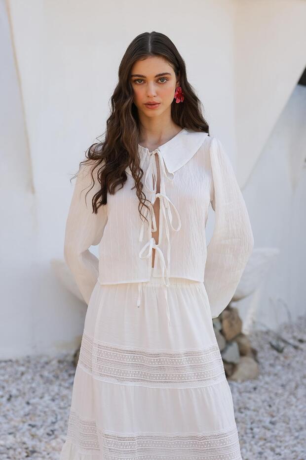 Lace Detailed Crop Shirt White 9314