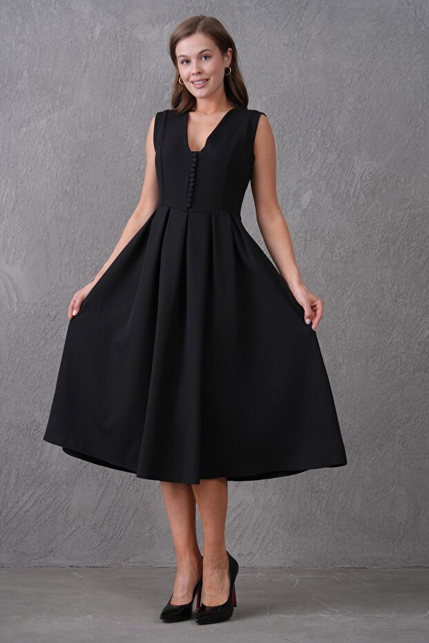 Double Fabric Button Detailed Pleated Flared Cut V-Neck Midi Length Black Evening Dress 2182