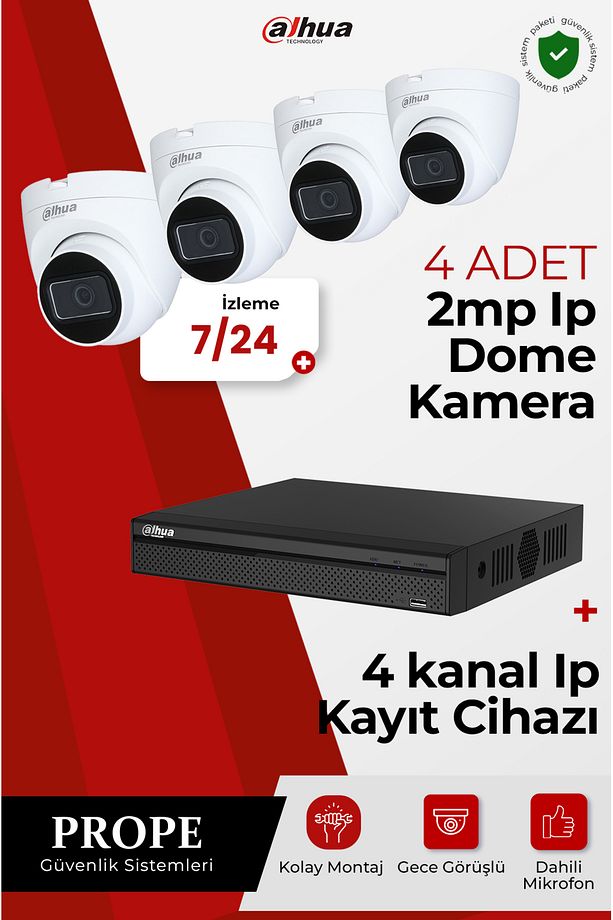 4 ADET 2MP IP DOME KAMERA GECE GÖRÜŞLÜ+4 KANAL IP KAYIT CİHAZI - 1