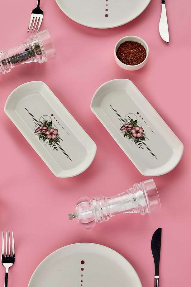2 Adet Artless Pembe Seramik Oval Kayık Tabak Hediyelik Kahvaltılık Takımı, Seti 20cm - 1