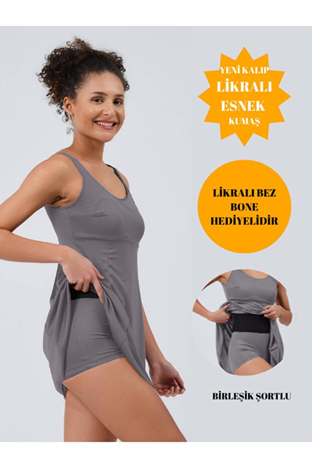 Kadın Elbiseli Şortlu Mayo Geniş Askılı Tek Parça Şortlu Elbiseli Mayo - 1