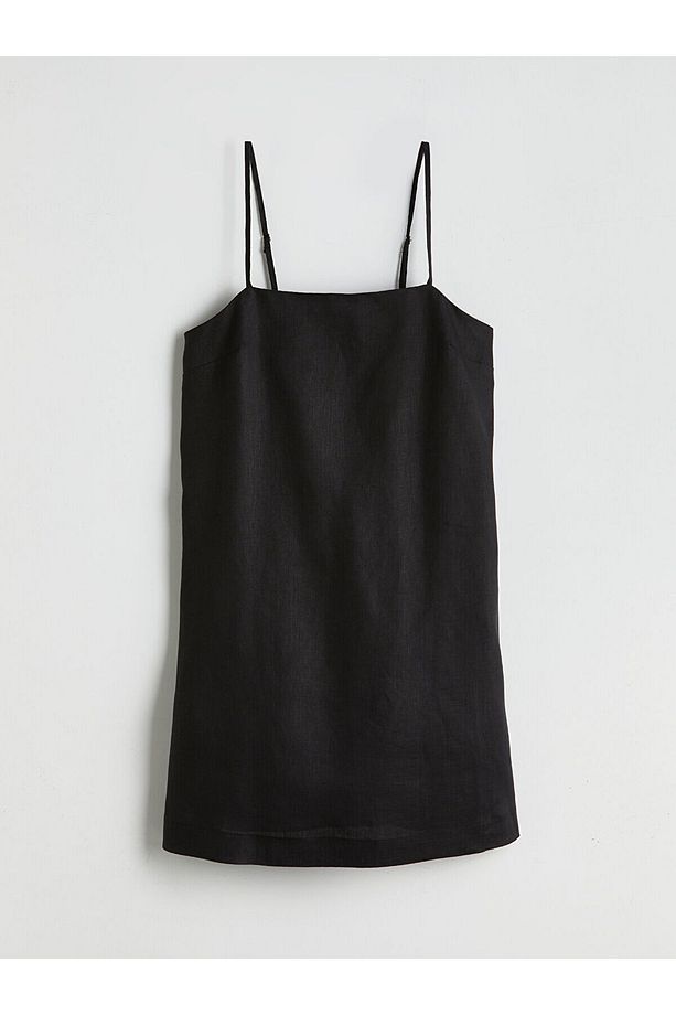Kare Yaka Keten Mini Elbise - 5