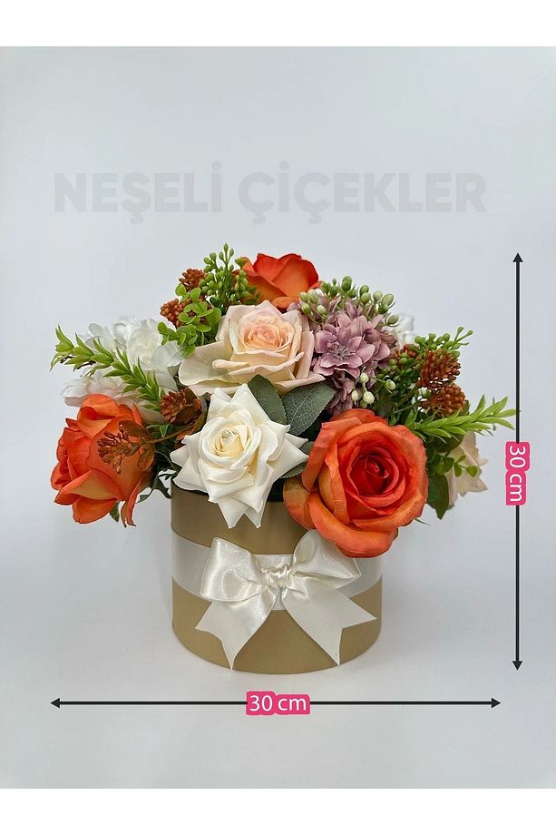 Silindir Kutuda Yapay Çiçek Aranjmanı Turuncu & Krem Güller Dekoratif Hediye Çiçek 30x30cm - 6
