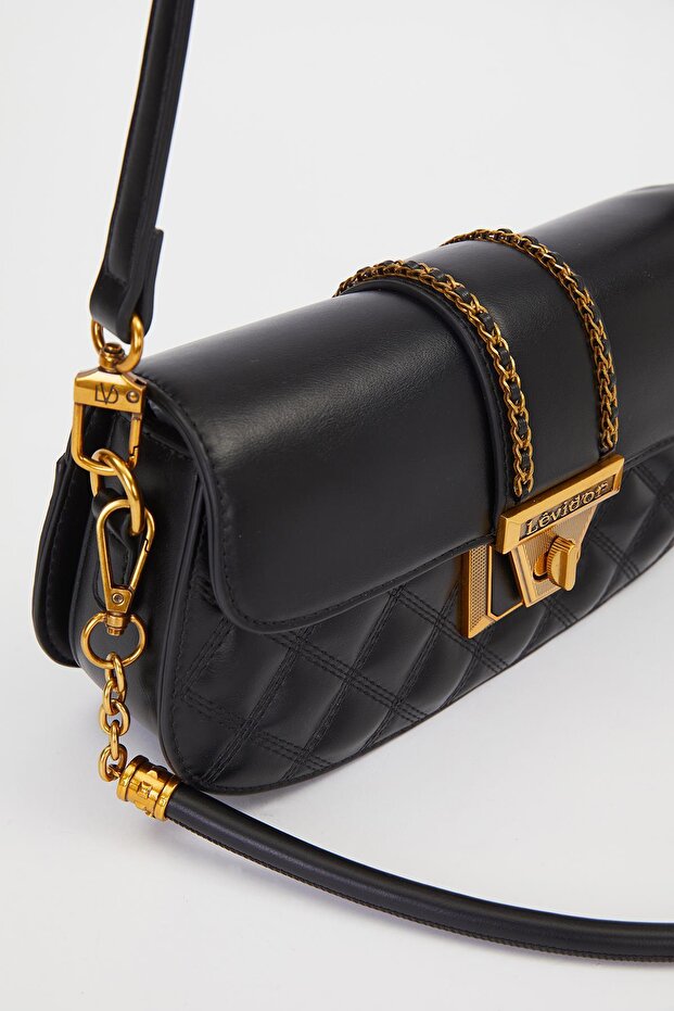 Black Oval Quilted Pattern Shoulder Bag - 4