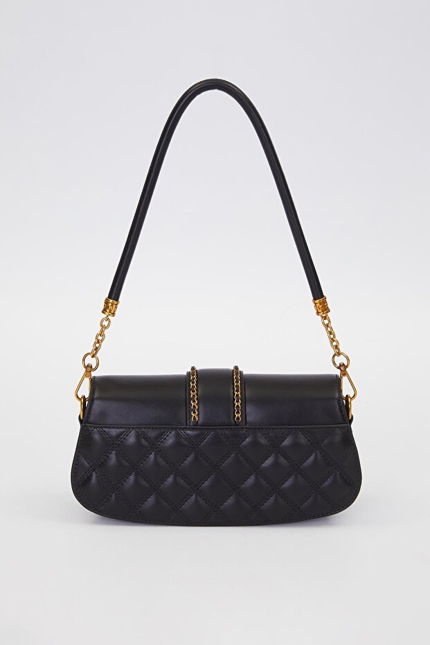 Black Oval Quilted Pattern Shoulder Bag - 6