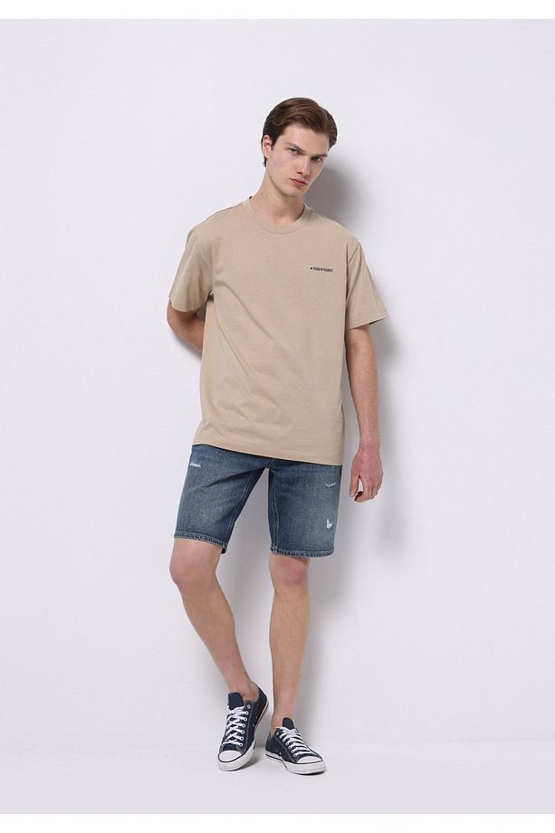 Regular Fit Orta Bel Düz Erkek İndigo Jean Şort - 1
