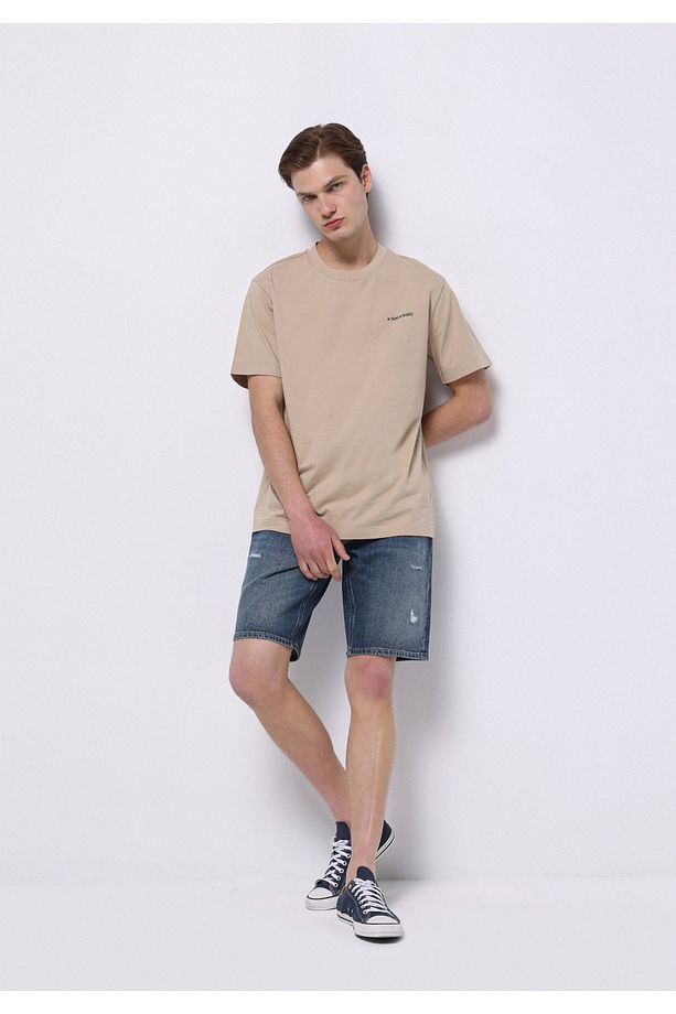 Regular Fit Orta Bel Düz Erkek İndigo Jean Şort - 3
