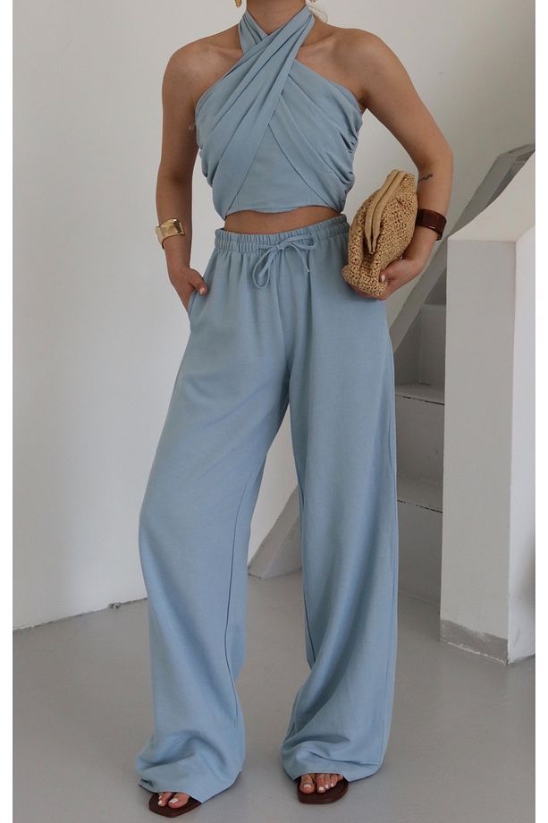 Mavi Boyundan Bağlı Büstiyer Pantolon Takım - 30352 - 7