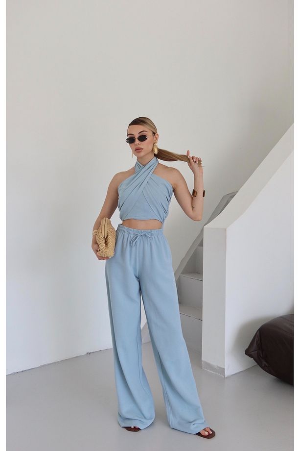 Mavi Boyundan Bağlı Büstiyer Pantolon Takım - 30352 - 4