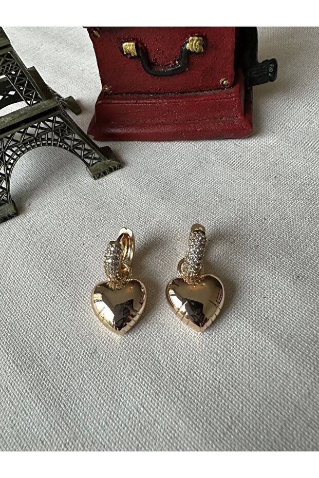 Curved Heart Zircon Stone Earrings with Heart Charm