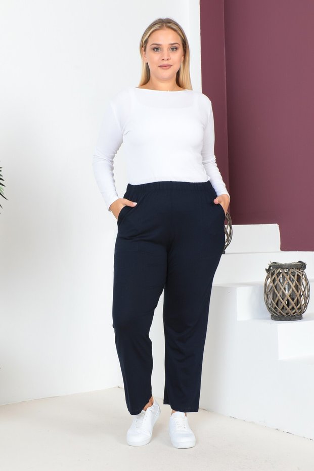 Women's Large Size Comfort Model Elastic Waist Pocket Lycra and Comfortable Fit Wide Leg Pants