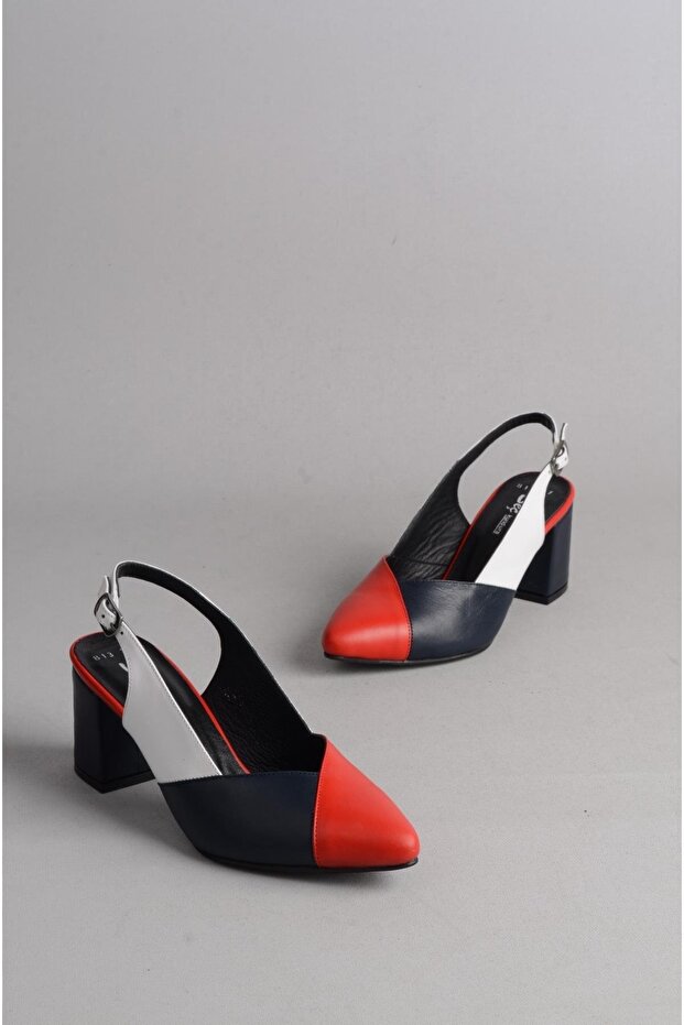 Seç 813 Women's Shoes with Genuine Leather Heels (Heel: 7.5 cm) White-Red-Dark Blue