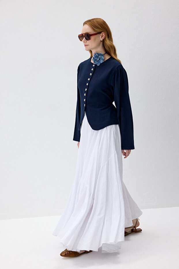 Navy Blue Natural Textured Waist Accent Lace up Jacket