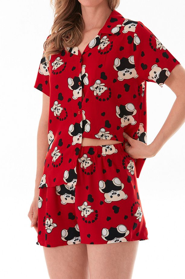 Ayıcık Desenli Gömlek Yaka Şortlu Pijama Takımı - 7