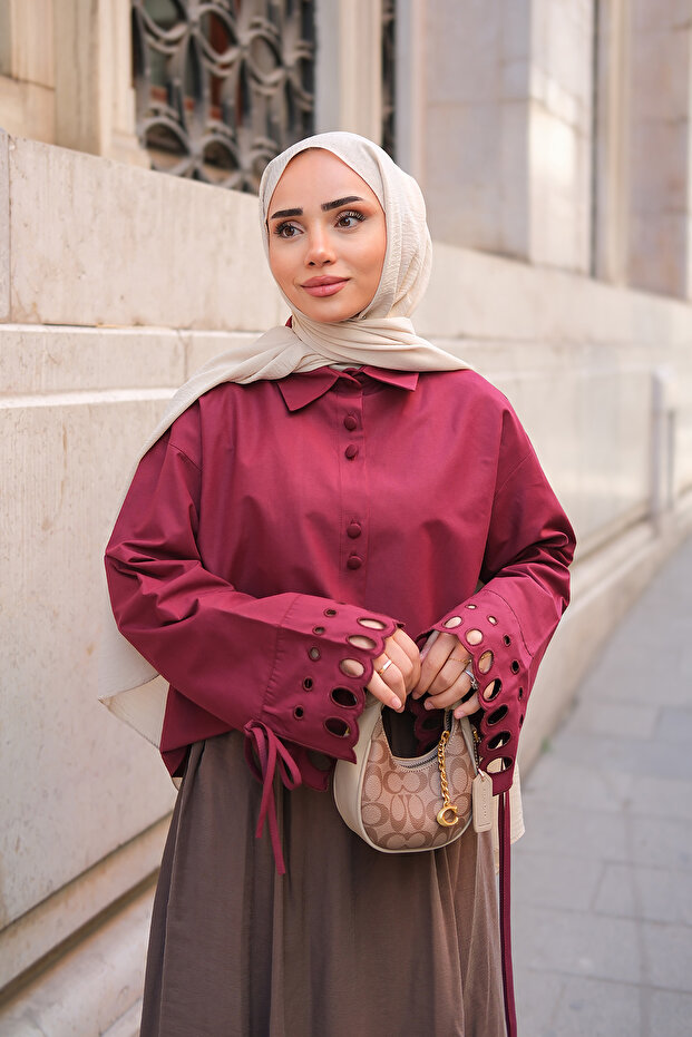 Women's Sleeve Embroidered Shirt Claret Red