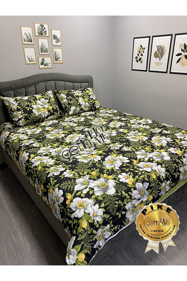 Çetinhome Çift Kişilik Kapitone Pike Seti 4 Mevsim Limon Çiçeği - 2