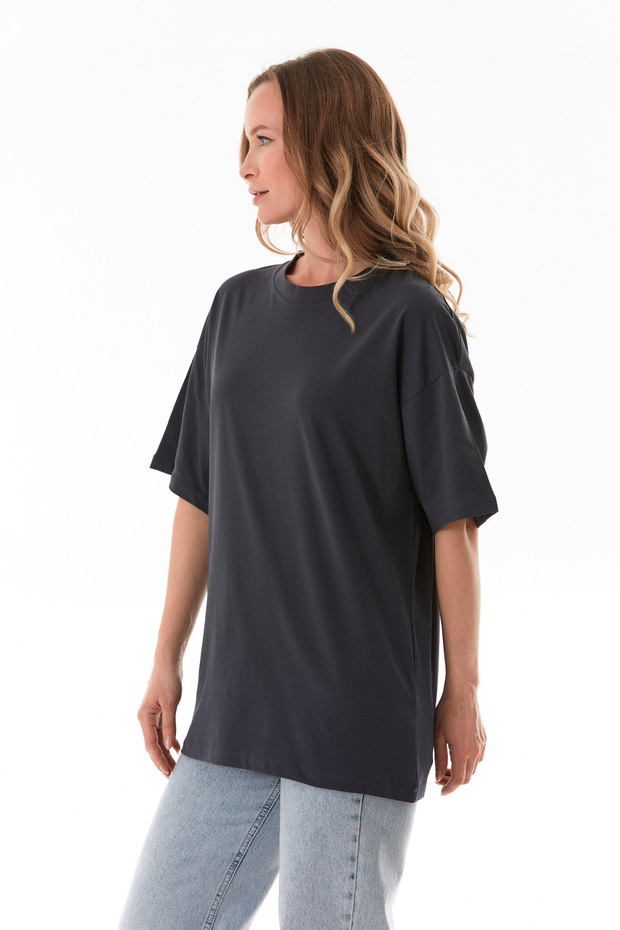 Basic Oversize Bisiklet Yaka Tişört - 3