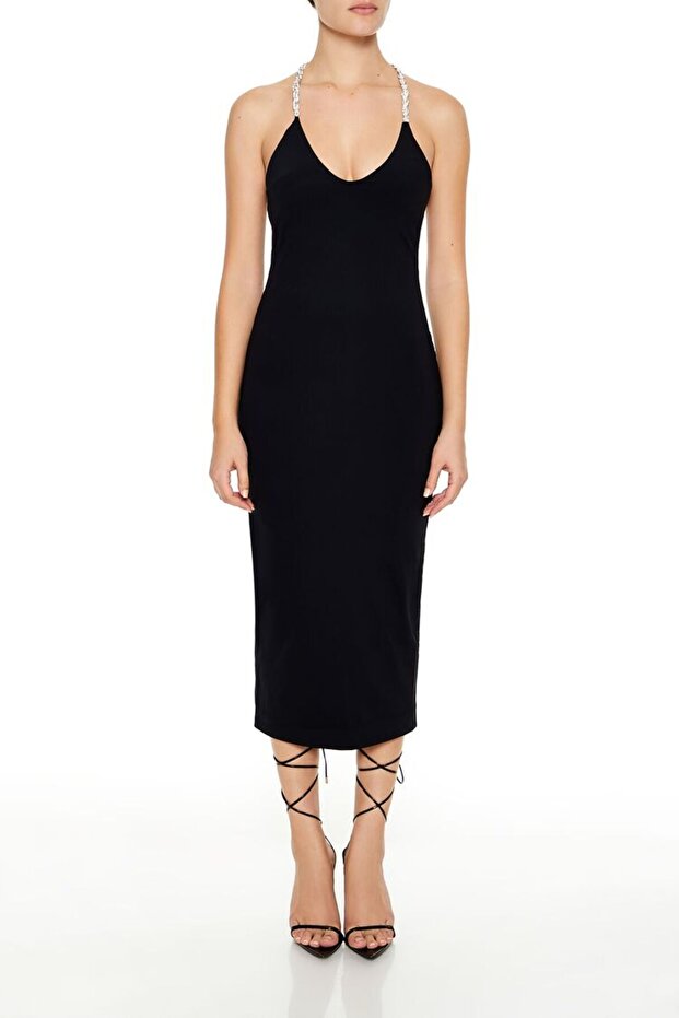 Taş Askı Detaylı Midi Elbise - 2