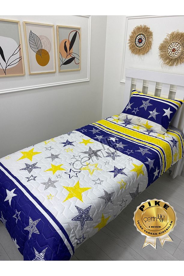 Çetinhome Tek Kişilik Kapitone Pike Seti 4 Mevsim Sarı Lacivert - 2