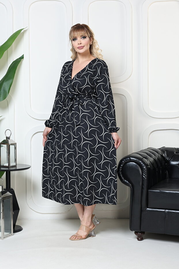 Bürümcük Dress with Waist Tightening Elastic Summer Patterned 2XL 5XL
