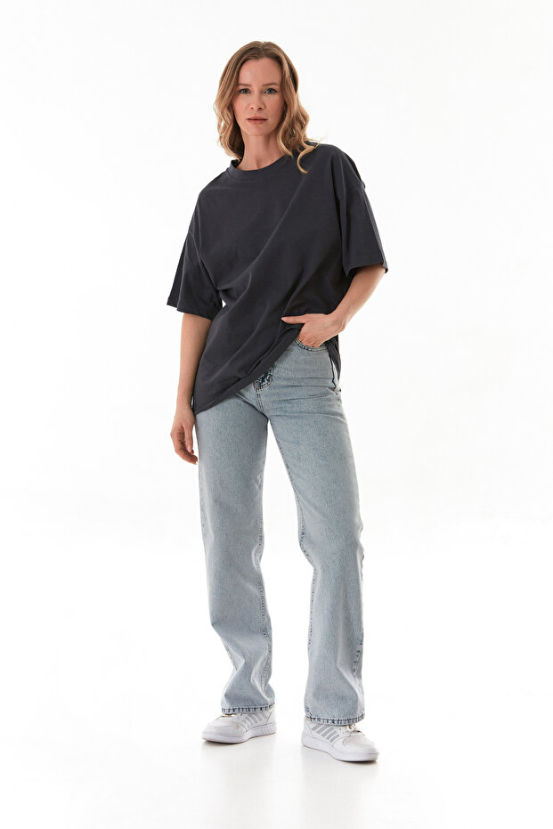 Basic Oversize Bisiklet Yaka Tişört - 2