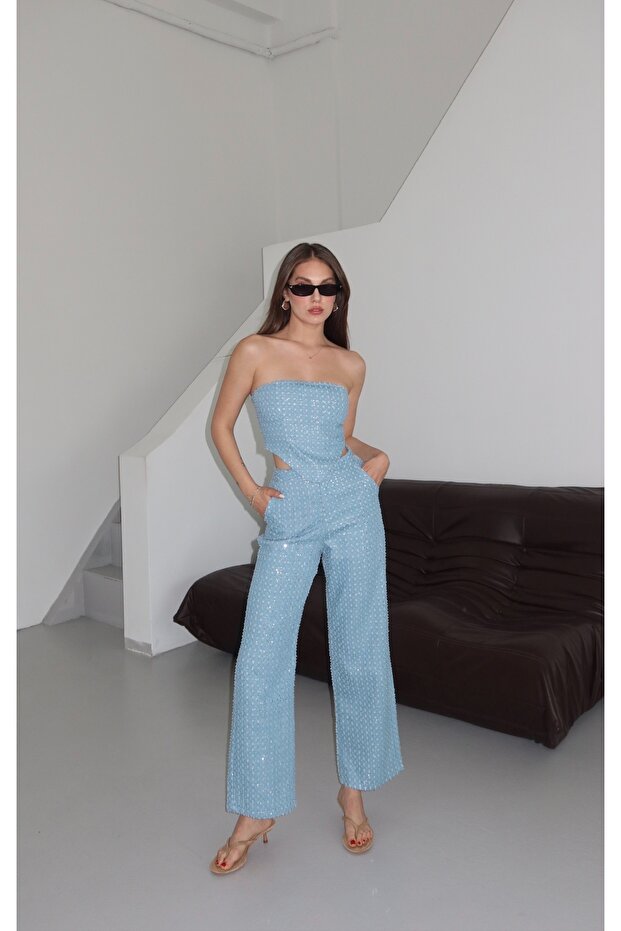 Mavi Pullu Kot Pantolon - 8